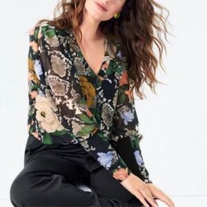 Cabi Snake Charmer Sheer Floral Button Up Blouse XS